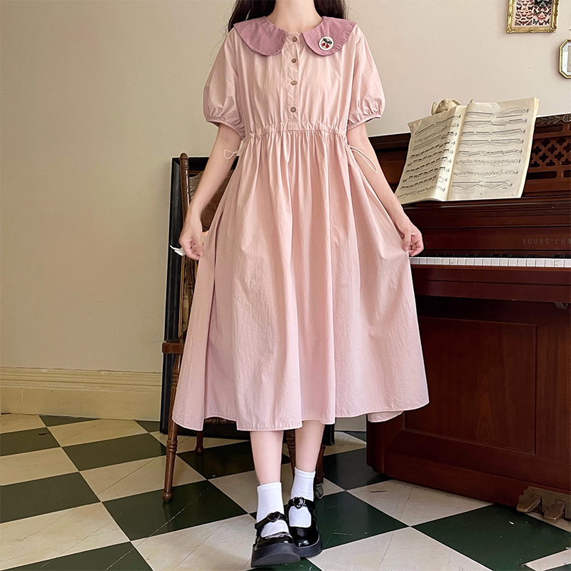 Sweet Doll Collar Embroidered Dress with Drawstring Waist Short Sleeve - Image 2