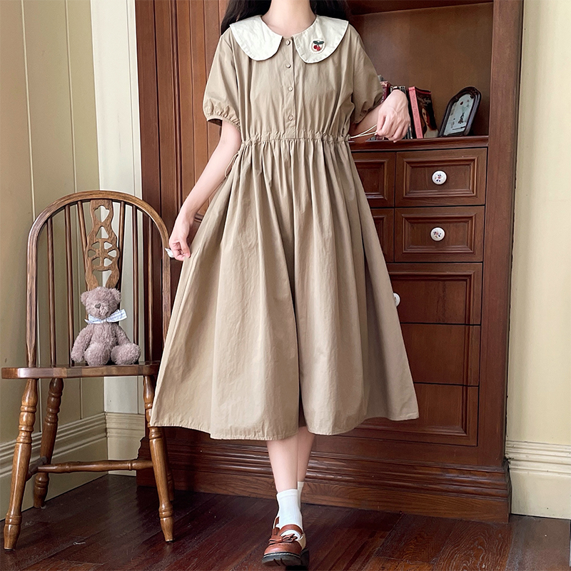 Sweet Doll Collar Embroidered Dress with Drawstring Waist Short Sleeve