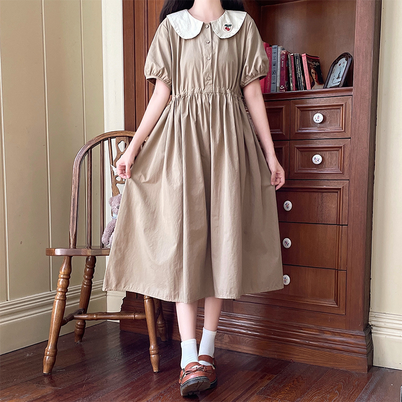 Sweet Doll Collar Embroidered Dress with Drawstring Waist Short Sleeve - Image 3
