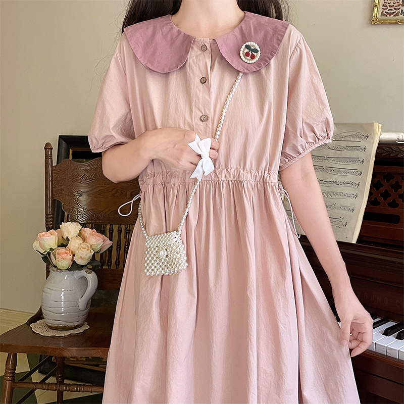 Sweet Doll Collar Embroidered Dress with Drawstring Waist Short Sleeve - Image 4