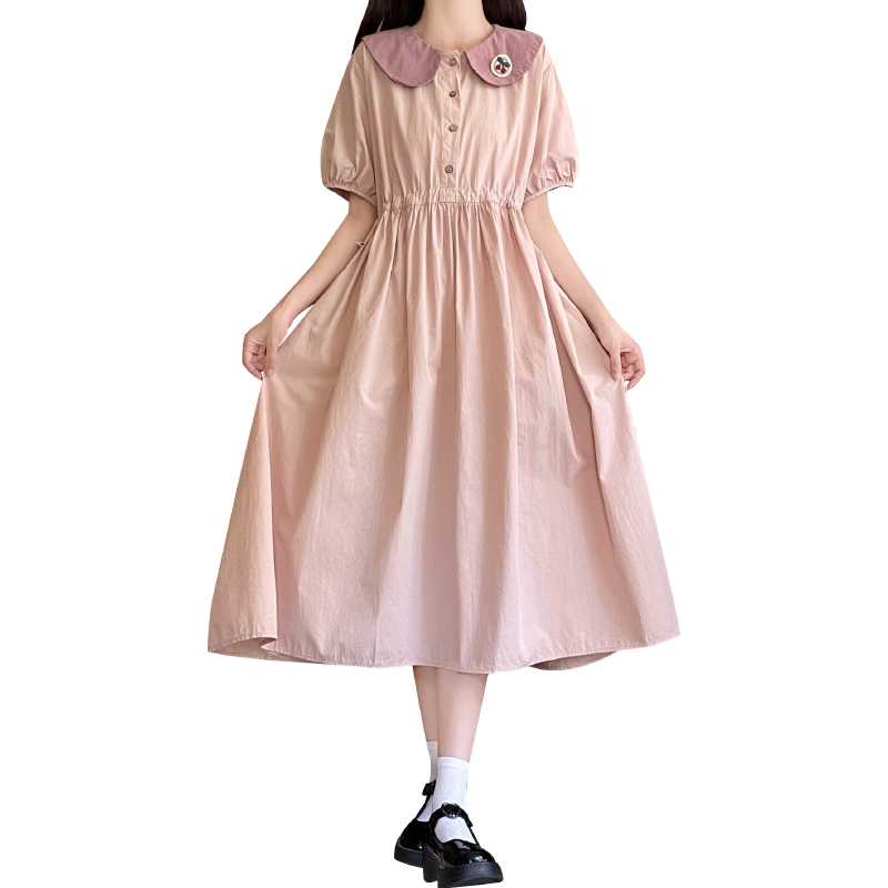 Sweet Doll Collar Embroidered Dress with Drawstring Waist Short Sleeve - Image 5