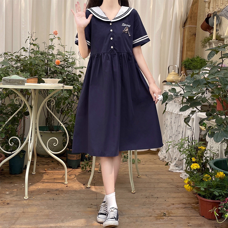 Sailor Collar Dress for Teens 2023 Summer Japanese Sweet Preppy Style Midi Dress