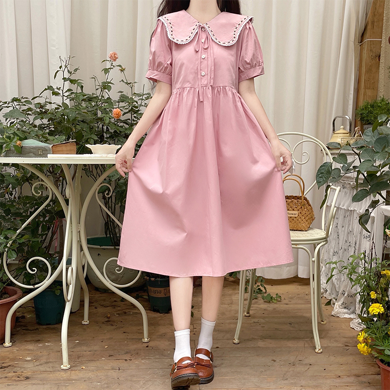 Japanese Preppy Cute Lace-Up Embroidered Doll Collar Dress