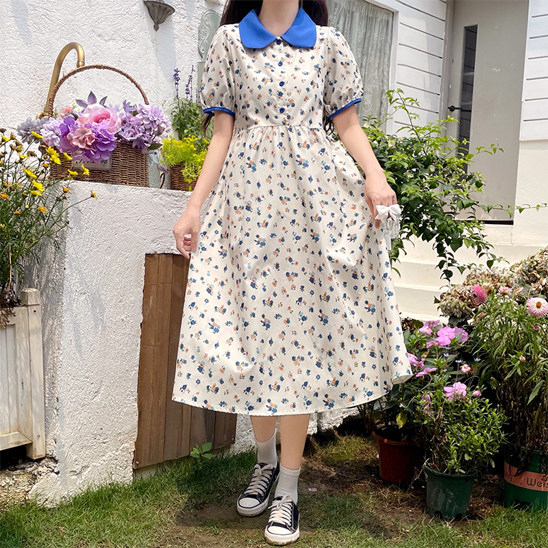 New Doll Collar Floral Dress with Puff Sleeves and Tie Waist Slimming Mid-Length Dress - Image 2