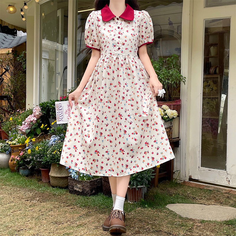 New Doll Collar Floral Dress with Puff Sleeves and Tie Waist Slimming Mid-Length Dress