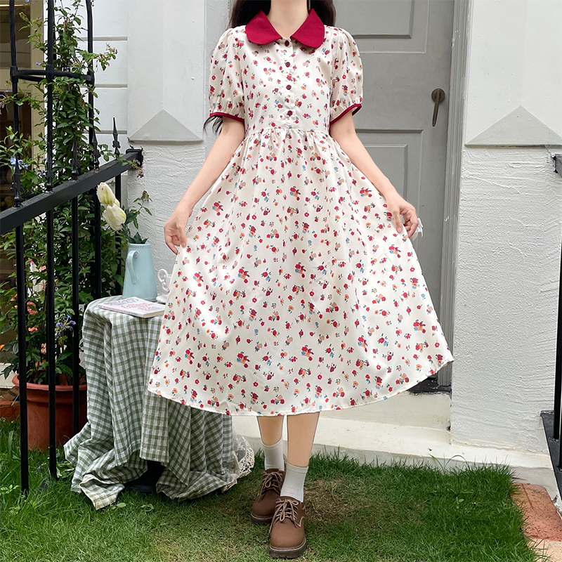 New Doll Collar Floral Dress with Puff Sleeves and Tie Waist Slimming Mid-Length Dress - Image 3