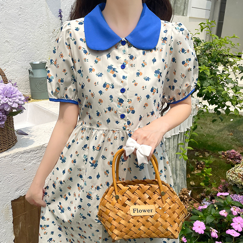 New Doll Collar Floral Dress with Puff Sleeves and Tie Waist Slimming Mid-Length Dress - Image 4