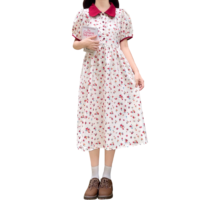 New Doll Collar Floral Dress with Puff Sleeves and Tie Waist Slimming Mid-Length Dress - Image 5