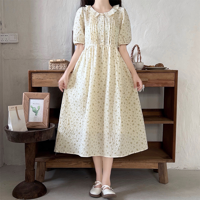 Retro Floral Wave Lace Collar Short Sleeve Dress Preppy Sweet Style