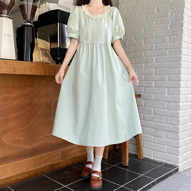 Fresh Ruffle Round Neck Light Green High Waist Lace-Up Lady Dress Long Dress