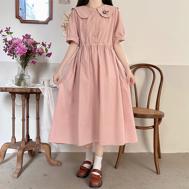 Preppy Japanese Style Doll Collar Slimming Dress with Waist Drawstring for Petite Women