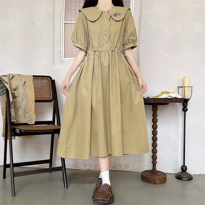 Preppy Japanese Style Doll Collar Slimming Dress with Waist Drawstring for Petite Women - Image 2