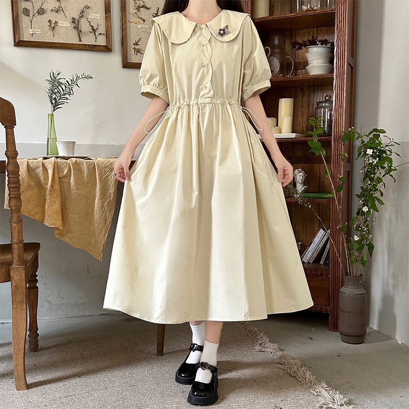 Preppy Japanese Style Doll Collar Slimming Dress with Waist Drawstring for Petite Women - Image 3