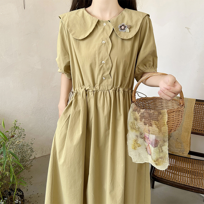 Preppy Japanese Style Doll Collar Slimming Dress with Waist Drawstring for Petite Women - Image 4