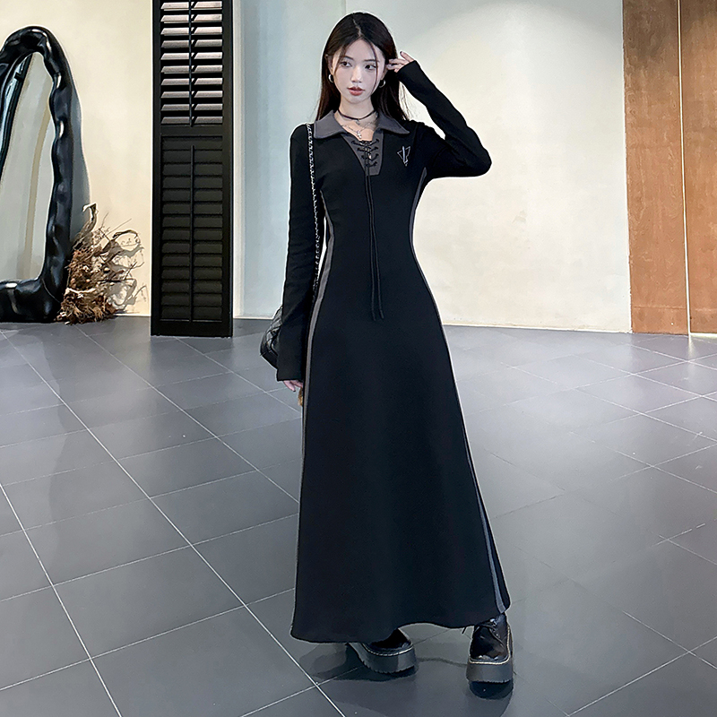 Women's Plus Size Long Sleeve Polo Dress Black V-Neck Long A-Line Commuter Dress - Image 3