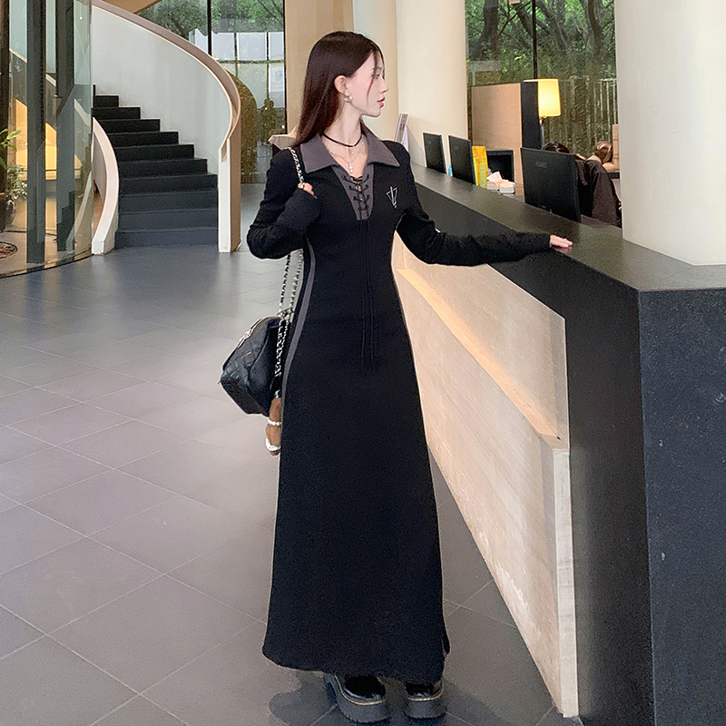 Women's Plus Size Long Sleeve Polo Dress Black V-Neck Long A-Line Commuter Dress - Image 4