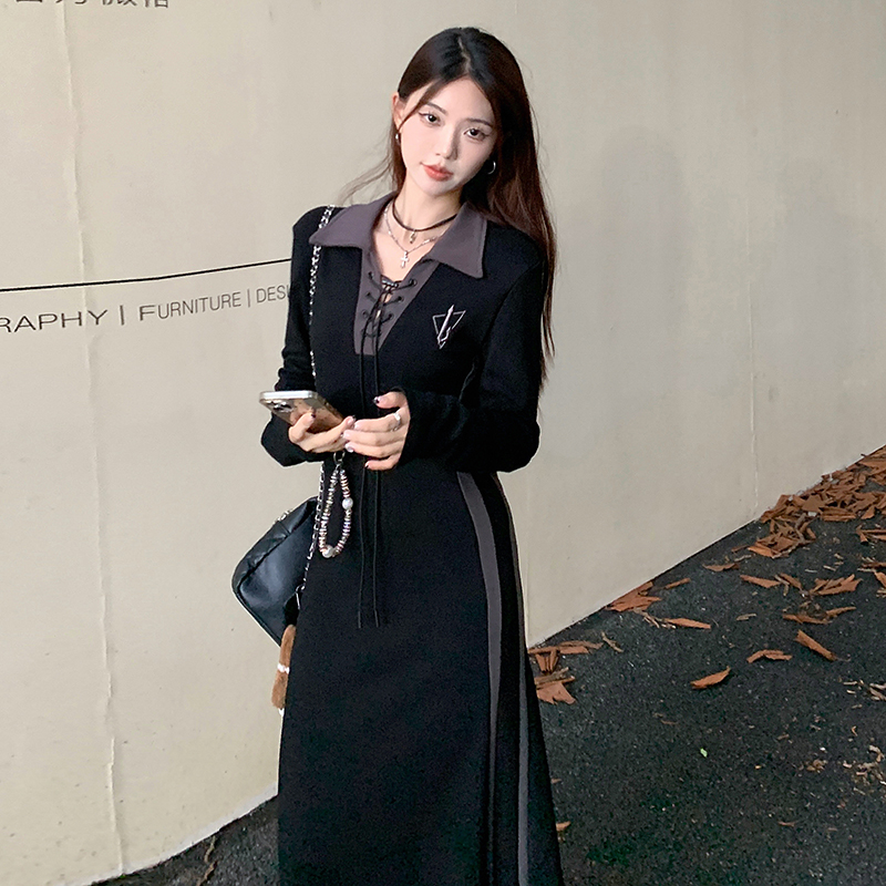 Women's Plus Size Long Sleeve Polo Dress Black V-Neck Long A-Line Commuter Dress