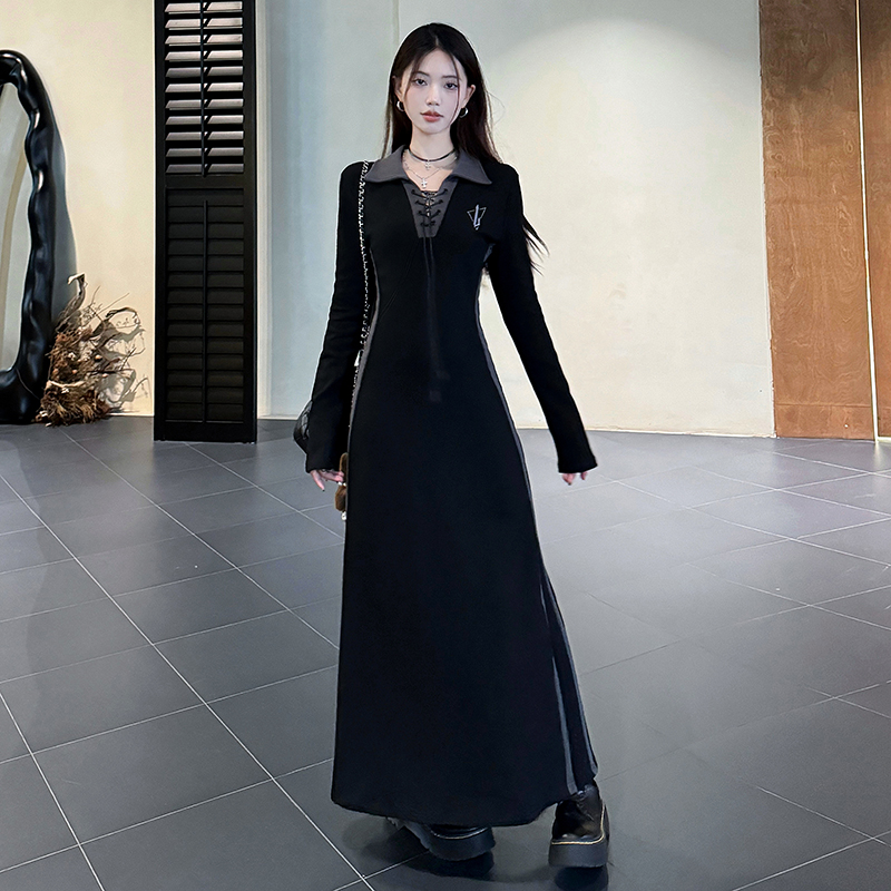 Women's Plus Size Long Sleeve Polo Dress Black V-Neck Long A-Line Commuter Dress - Image 2