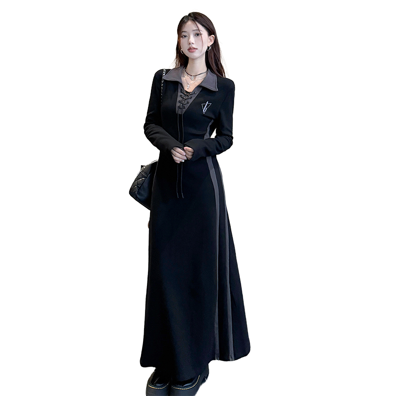 Women's Plus Size Long Sleeve Polo Dress Black V-Neck Long A-Line Commuter Dress - Image 5