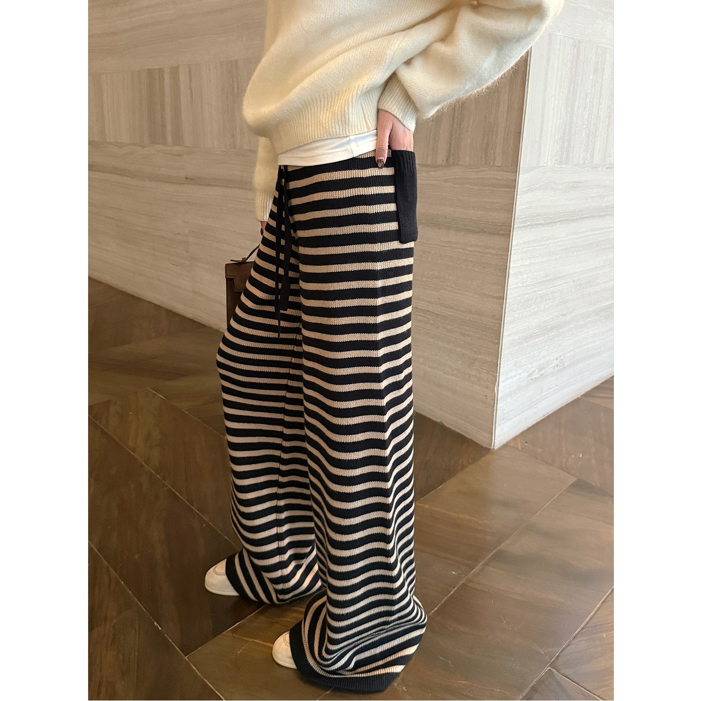 Striped Straight-Leg Knit Casual Pants for Women - Image 2
