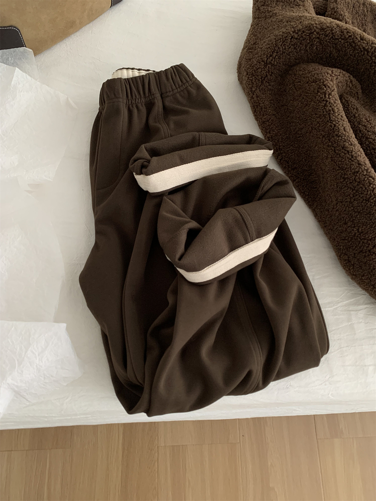 Women's Relaxed Lazy Style Brushed Fleece Wide-Leg Pants Slimming Hip-Covering Retro Thick Cargo Straight Pants