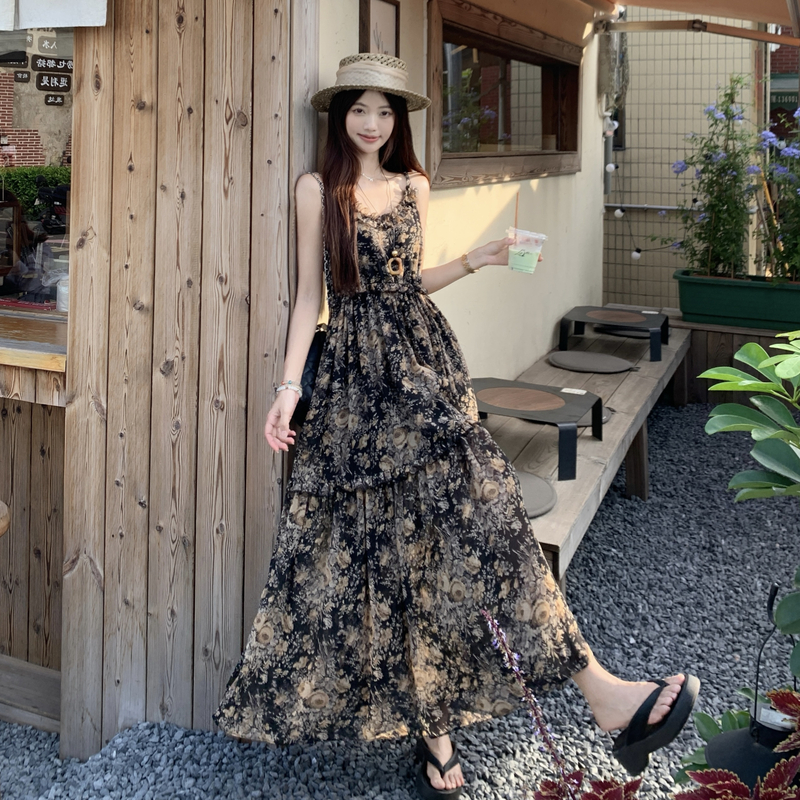 Plus Size Floral V-Neck Ruffle Strap Long Dress Summer 2026