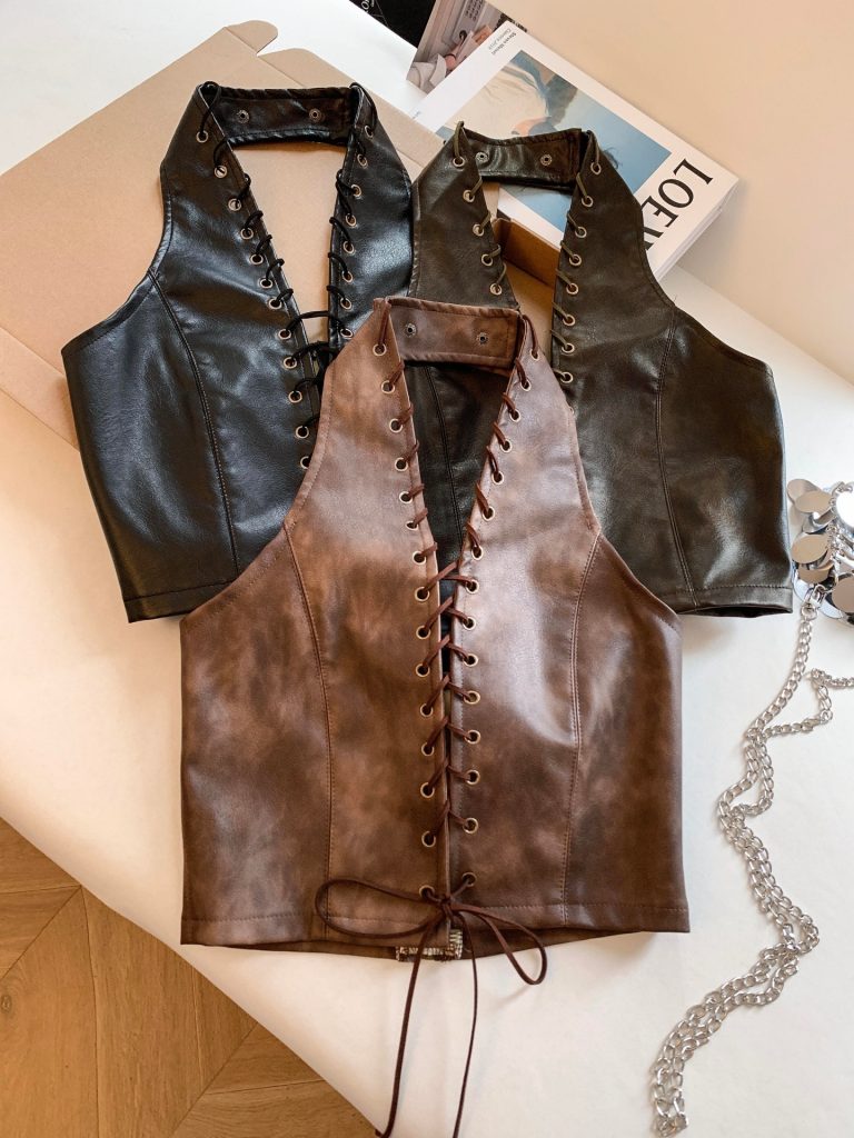 Women's American Retro PU Leather Halter Cross Tie Backless Cami Top