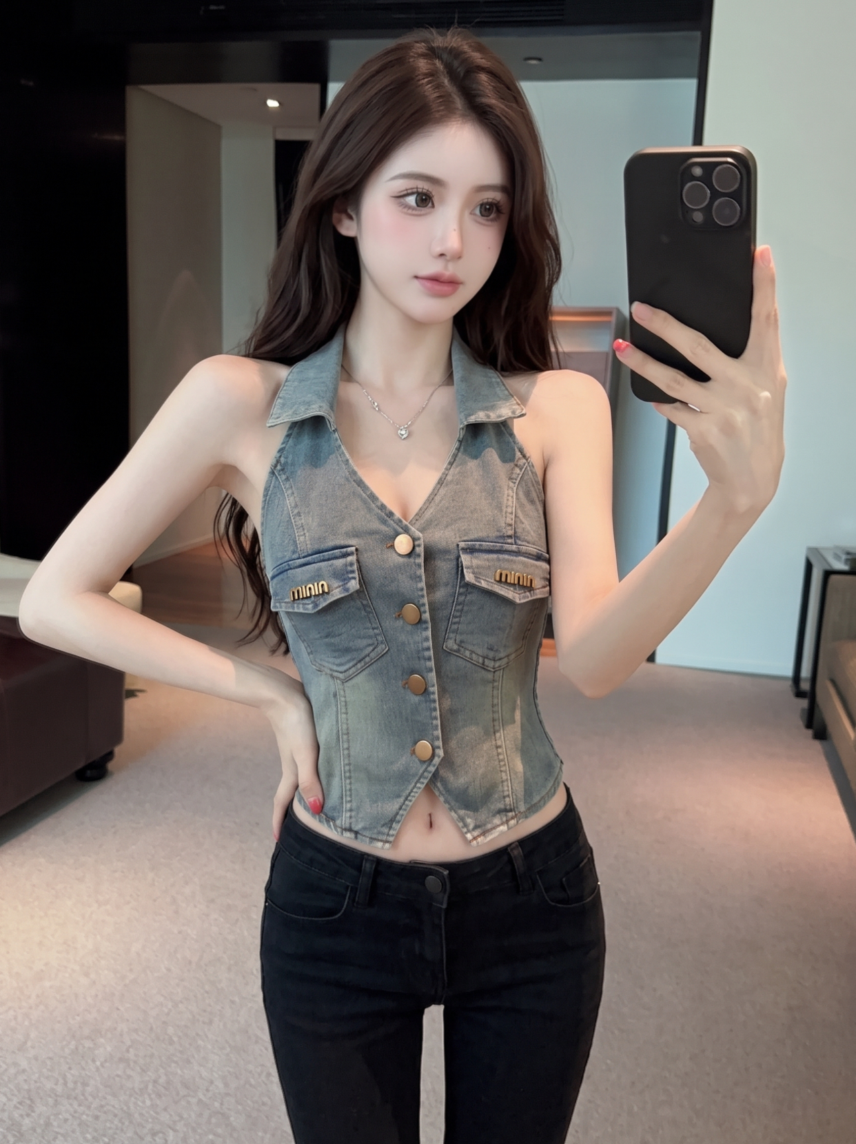 Korean Style Collared Denim Vest for Women Summer Slim Fit Metal Button Camisole - Image 3