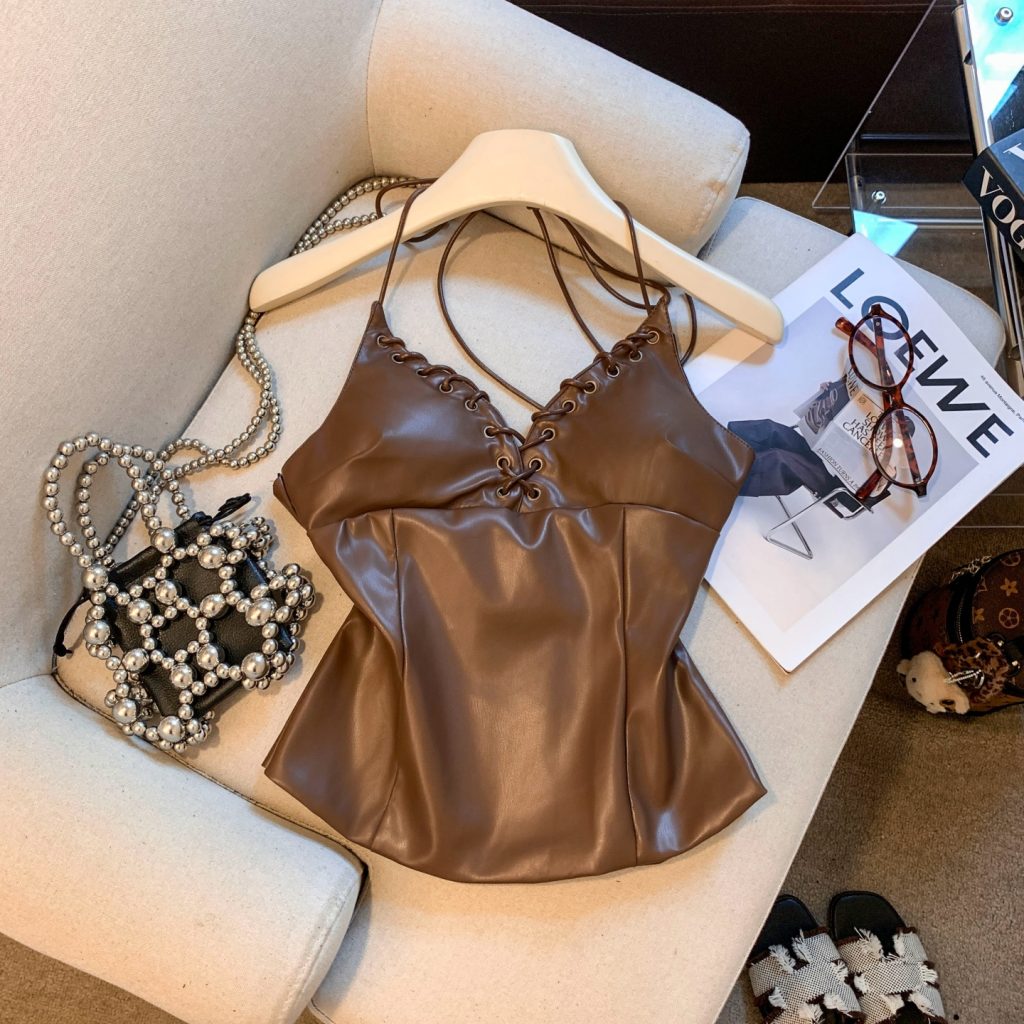 Women's Sexy Deep V Halter PU Leather Cross Strap Backless Slim Fit Camisole Top
