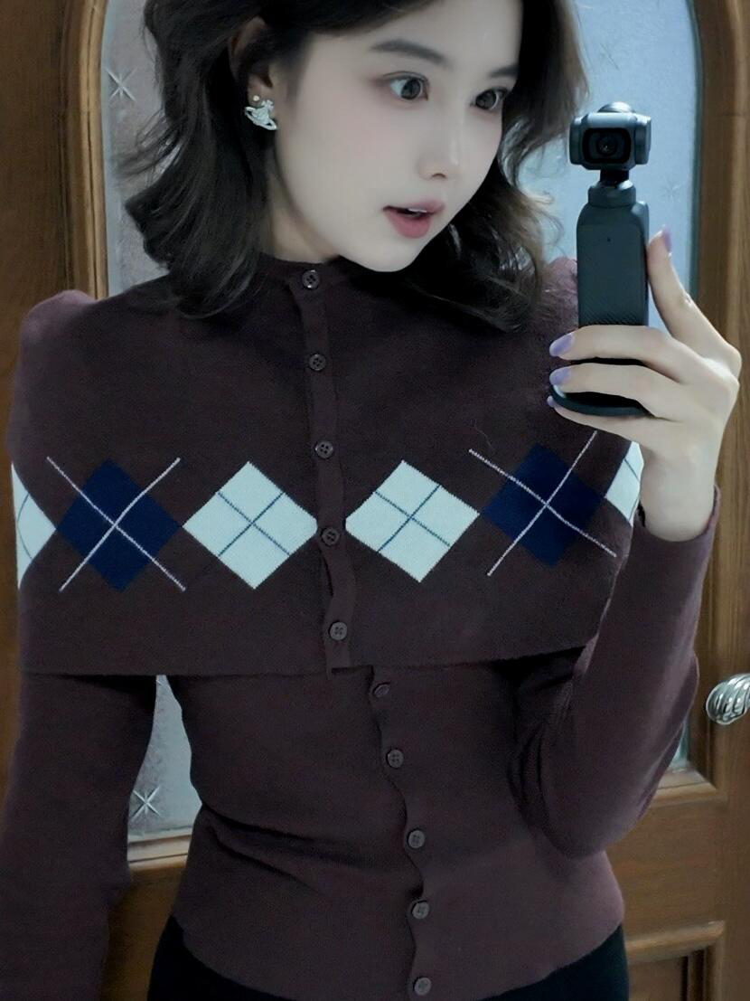Plaid Long Sleeve Cardigan Shawl Knit Sweater Women Set Fall 2026 - Image 4