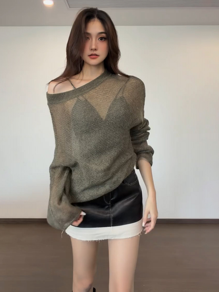 Lazy Relaxed One-Shoulder Cutout Loose Knit Long-Sleeve Pullover Top - Style 421018