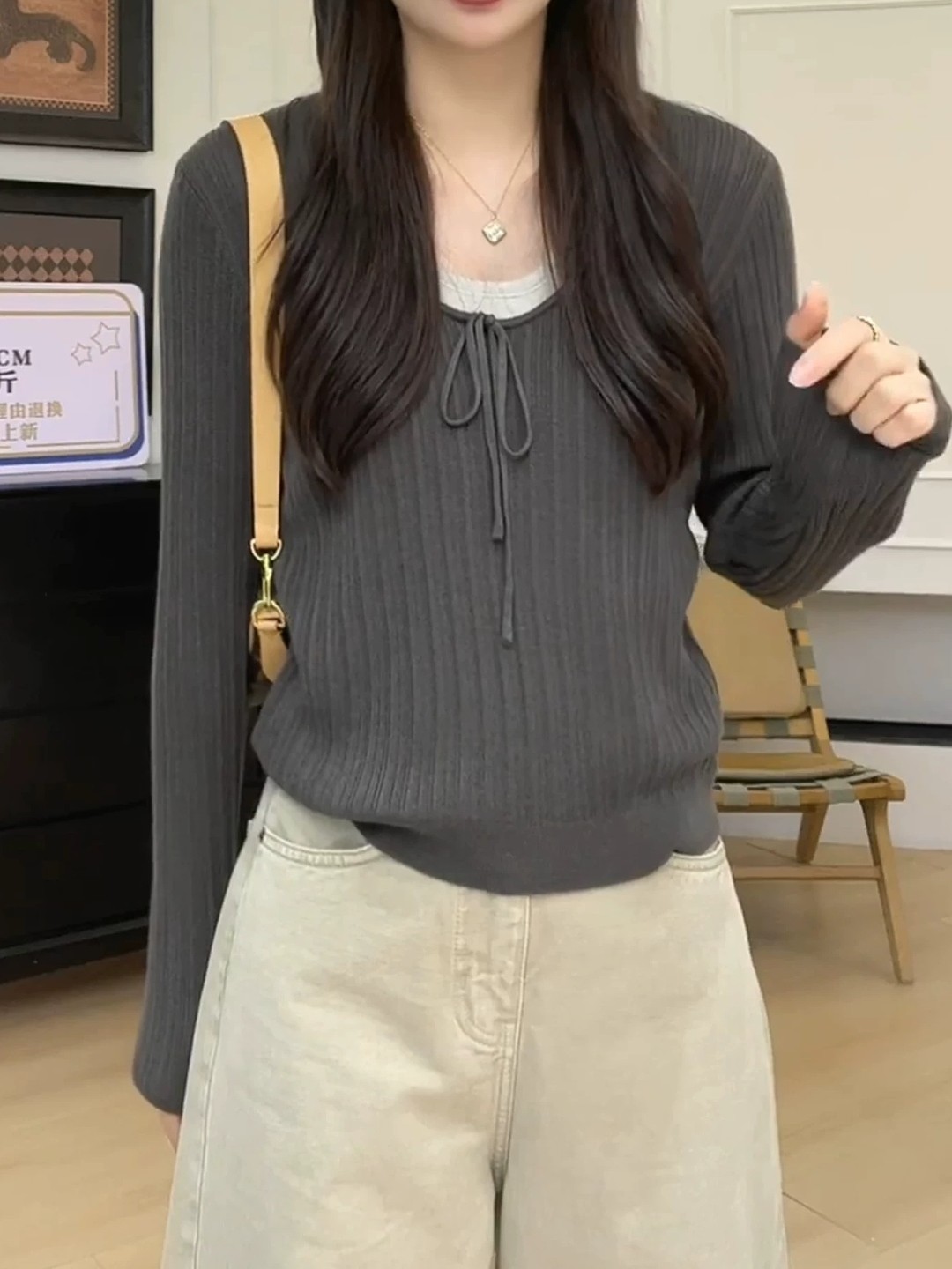 Women's Color-Block Halter V-Neck Tie Knit Top - Early Autumn Slim Fit - Image 3