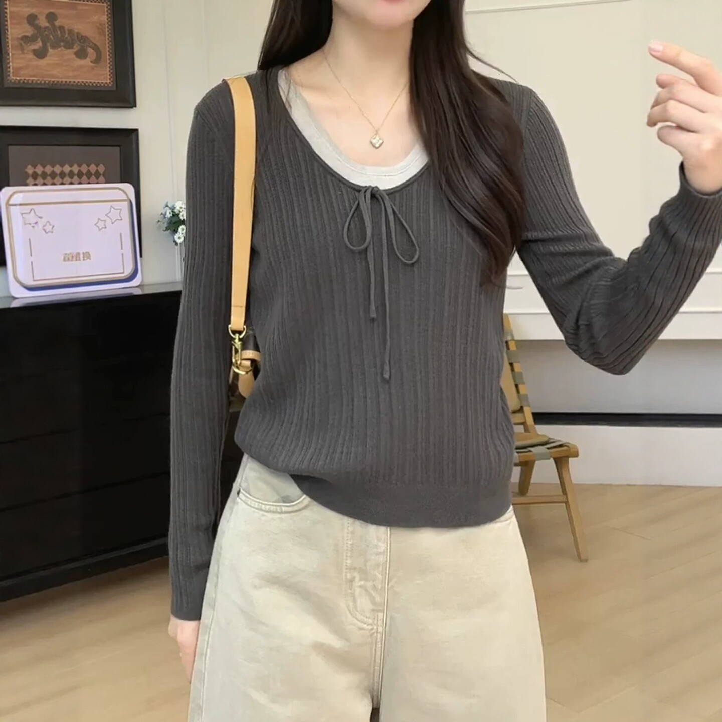 Women's Color-Block Halter V-Neck Tie Knit Top - Early Autumn Slim Fit