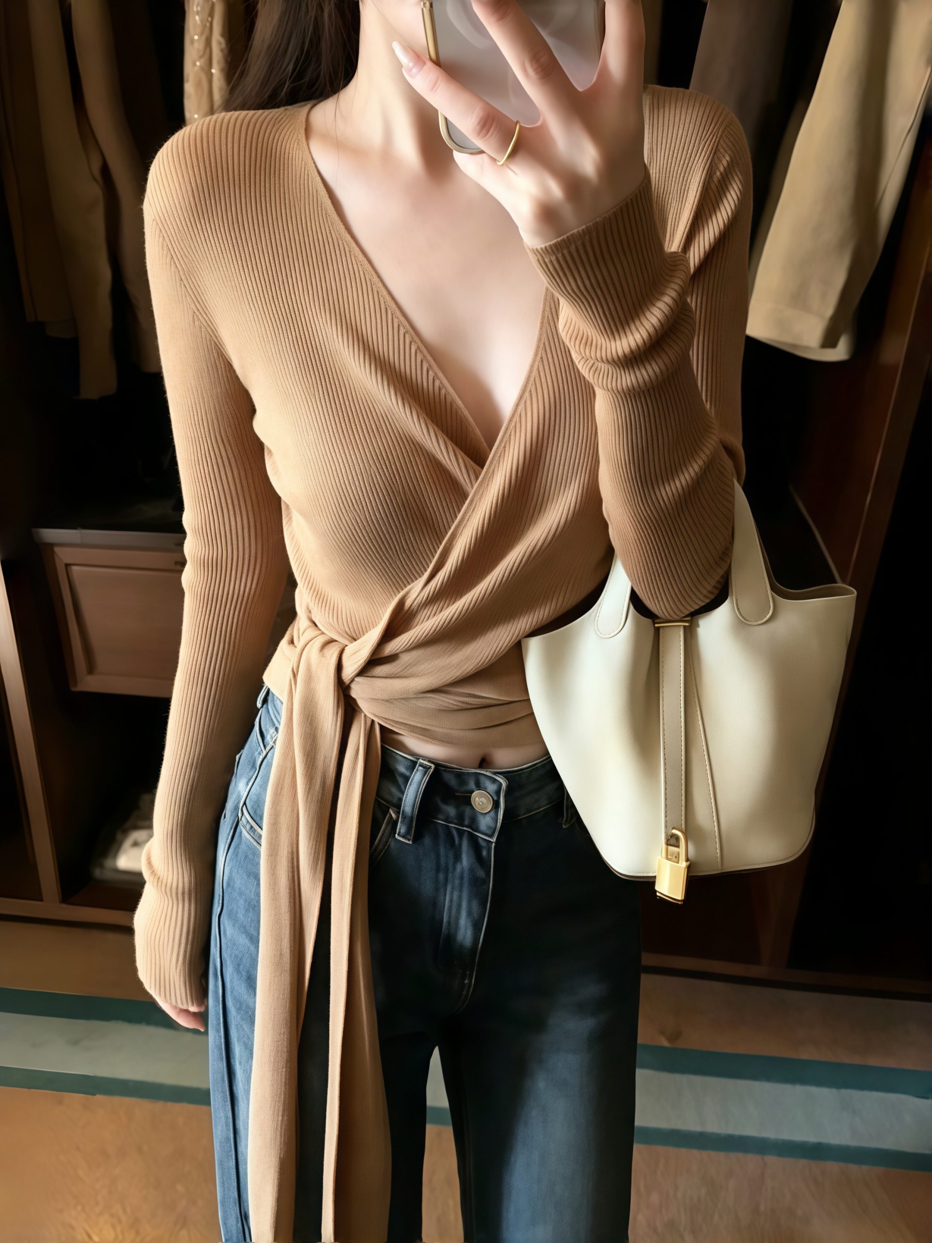V-Neck Cross Strap Waist-Defined Long-Sleeve Knit Sweater for Women 2026 Early Autumn New Light Mature Style Design - Image 3