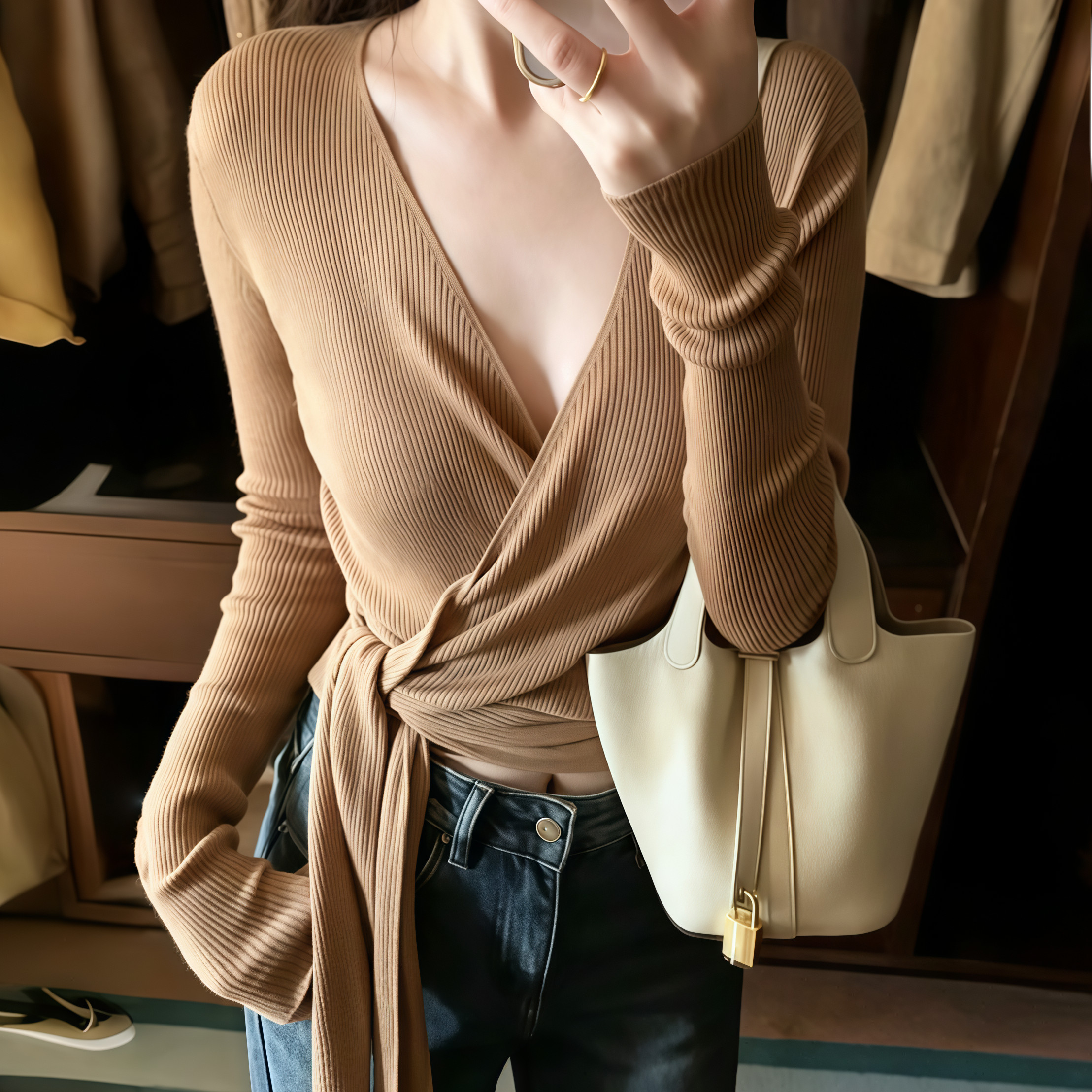 V-Neck Cross Strap Waist-Defined Long-Sleeve Knit Sweater for Women 2026 Early Autumn New Light Mature Style Design - Image 5
